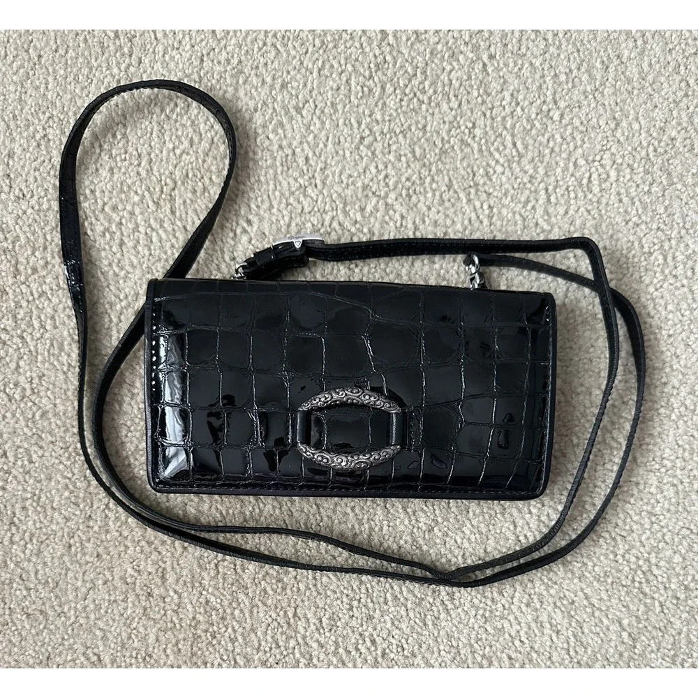 Brighton Patent Leather WALLET Crossbody Convertible‎ Clutch BLACK Croc Tri Fold